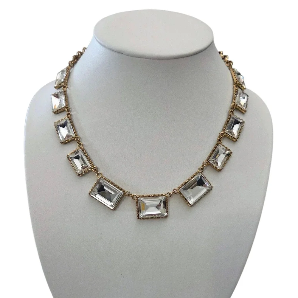 POFJ Gold Tone Chain Art Deco Style Square‎ Rhinestone Statement Necklace